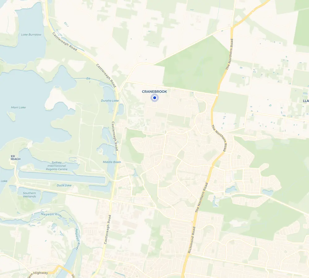 Map of the Cranebrook service area and the surrounding Penrith area, showing Cranebrook and the nearby streets we cover.
